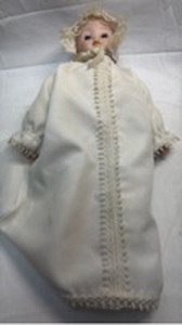 lot 30 image: Porcelain Baby Doll in White Christening Gown with Lace Bonnet