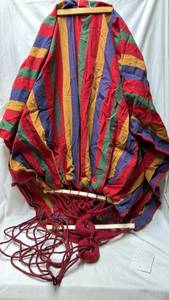 lot 90 image: Traditional Striped Fabric Hammock with Rope Hardware