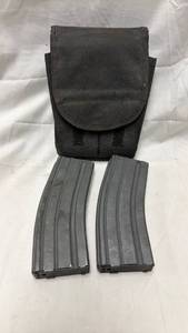 lot 125 image: Military Surplus Magazine Pouch with Two Aluminum Rifle Magazines