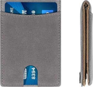 lot 12313 image: RFID Blocking Slim Bifold Genuine Leather Minimalist Wallet for Men with Money Clip Pull Strap Easy Card Pullout (Minimalist Bifold Wallet without Personalization, Petoskey GrayBeige)