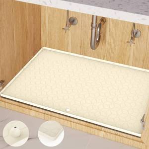 lot 12331 image: Under Sink Mat for Kitchen Silicone Waterproof Under Sink Liner, Flexible Sink Cabinet Organizer Tray with Drain Hole, Hold up to 3.3 Gallons Liquid, Easy to Clean (Beige, 34X22)