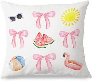 lot 12370 image: JINYO Coquette Pink Bow Summer Pillow Covers 18x18, Pink Coastal Beach Pillow Covers, Coquette Room Decor, Summer Room Decor, Preppy Beach Room Decor, Pink Coastal Room Decor