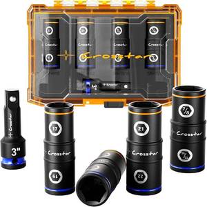 lot 12867 image: Crosstar 12 Drive Impact Flip Socket Set  Thin Wall Lug Nut Remover - 8 Sizes for Universal Fit  Cr-Mo Steel Non-Marring Design  Wheel Lock Removal Tool for Trucks & SUVs