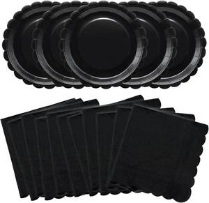 lot 12871 image: 100Pcs Black Paper Plates and Napkins Set - Disposable Party Tableware for Graduation Birthday Wedding