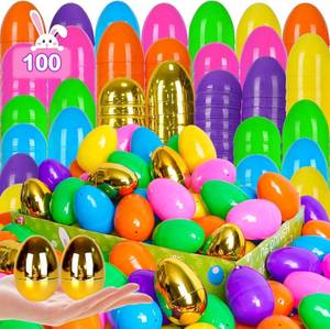 lot 12885 image: 6 Golden Eggs 100 PCS 2.4 Fillable Plastic Easter Eggs Empty Easter Eggs Colorful Plastic Eggs Bulks for Kids Teens Boys Girls Easter Basket Stuffers Hunt Easter Party Favor