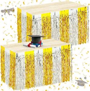 lot 12889 image: Oudain 2026 Graduation Party Decorations 2 Pack Silver and Gold Wavy Metallic Tinsel Foil Fringe Table Skirts for Prom and Grad Party Birthday Decor Rectangle and Round Table Supplies