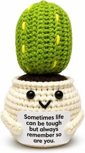 lot 12894 image: Positive Cactus Crochet with Card - Sometimes Life Can Be Tough - Handmade Amigurumi Plant Pot   Encouragement Gift for Friends, Coworkers, Mental Health Support Decor