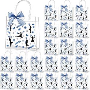 lot 12903 image: Lonfliness 24Pcs Cheer Clear PVC Gift Bags with Handles And Ribbon Bow Bulk 8 X 8 X 3in Cheerleading Goodie Treat Candy Bags Cheer Team Present Tote Bag for Cheerleaders Party Supplies(Blue And Black)