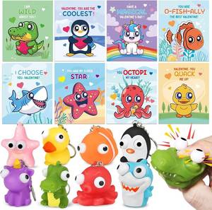 lot 12950 image: 24 Pack Valentines Day Cards with Squeeze Animal Popping Eye Keychains, Valentines Cards for Kids, Fidget Toys for Classroom School Valentines Gifts Exchange, Valentines Party Favor Prizes for Kids