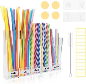 lot 12976 image: Acrylic Straw Holder for Cabinet Door with Straw Brush Adhesive Hooks and Stickers, Reusable Tumbler Straws Organizer Storage, Straws Dispenser for Kitchen Counter, Small Kitchen Accessories