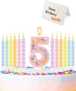 lot 13103 image: Birthday Candles for Cake, Macaron Number Candles, Cake Candles with Greeting Card for Birthday Party Wedding Anniversary Celebrations (5 Candle)