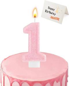 lot 13106 image: Birthday Candles for Cake, Pink Number Candles, Cake Candles with Greeting Card for Birthday Party Wedding Anniversary Celebrations(Bright Pink 1Candle)