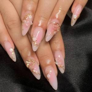 lot 13130 image: Pink Press on Nails Medium Almond Nails Press Ons Gold Flowers Design False Nails Full Cover Handmade Acrylic Fake Nails Gift for Women 24pcs