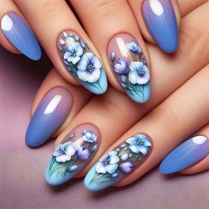 lot 13132 image: Almond Press On Nails Medium Fake Nails Flower With Gradient Design Blue False Nails Full Cover Artificial Stick On Nail Floral Acrylic Glue On Nail For Women Manicure Art 24pcs