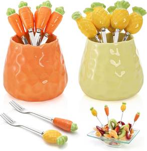 lot 13156 image: 12 Pieces Stainless Steel Fruit Forks, Pineapple Carrot Shape Food Picks with Ceramic Jar Handles, 5 Cute Cocktail Appetizer Fork for Fruit, Vegetable, Salad, Carp, Charcuterie Board