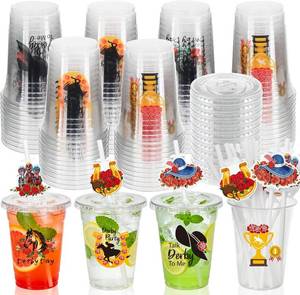 lot 13208 image: MUOUAKATE Derby Cups Plastic Disposable Bulk, 48 Pack 12 oz Derby Clear Julep Cups with Plastic Lids Straws Cards for Derby Party Decorations Supplies Horse Racing Favors Gift