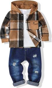 lot 13211 image: Renotemy 3PCS Toddler Boy Clothes Winter Fall Outfits Flannel Plaid Hoodie Sweatshirt White T-Shirt Jeans Sets for 3-4Y Boys