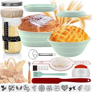lot 13222 image: Banneton Bread Proofing Basket Sourdough Starter Kit, 34oz Sourdough Jar, 2 Silicone Proofing Bowls, Bread Sling Mat, Silicone Spatula, Dough Whisk, Complete Bread Making Kit (GREEN)
