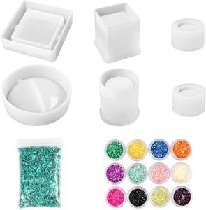 lot 13227 image: LotFancy 6 pcs Epoxy Resin Molds with 1 Bag Artificial Stones, 12 Colors Glitter Sequins, Cube Square Round Silicone Mold for Resin Casting, DIY Handcrafts