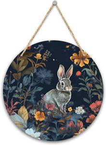 lot 13251 image: Vintage Bunny Door Sign Decor, Dark Academia Rabbit Wooden Welcome Hanging Sign, Easter Gift For Friends Family, Christian Decor for Home Front Door Porch Yard Garden -35