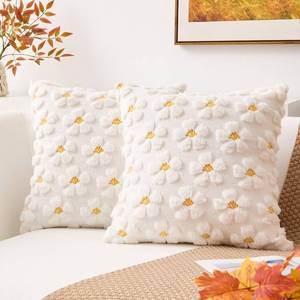 lot 13260 image: Kevin Textile Spring Floral Pillow Covers 18x18 Inch Set of 2 Cute Flowers Embroidery Decor Soft Plush Faux Fur Throw Pillows Pillowcases for Holiday Harvest Decor Sofa Couch Bedroom, Cream White