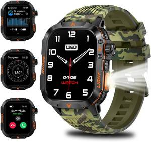 lot 13291 image: Military Smart Watch for Men (Bluetooth Call), 600mAh Rugged Outdoor Watch with Compass Barometer LED Flashlight, 2.01 HD Waterproof Fitness Tracker for Android iOS - BLACK