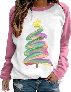 lot 12635 image: Womens Watercolor Tree Print Sweatshirt Merry Christmas Graphic Tees Cute Christmas Tree Shirts Casual Pullover Tops, Small