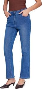 Vinova Womens Straight Leg Jeans for Women Stretchy Mid Waisted Trendy Denim Pants Bottoms with Pockets, Small, BLACK