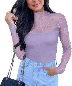 lot 12674 image: PINKMSTYLE Womens Long Sleeve Lace Bodysuit High Neck Sexy Tops for Going Out, Concert, Date Night Outfits, XL, Purple