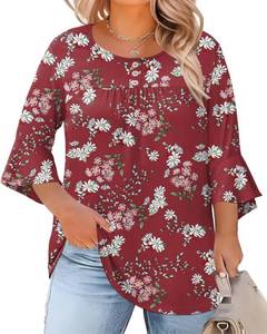 lot 12675 image: Rapbin Plus Size Tops for Women 34 Ruffle Sleeve Crew Neck Button Down Pleated Blouses Casual Fashion Tunic (1X-5X), Red, XXL