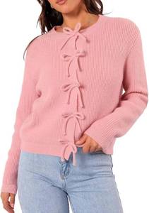 lot 12682 image: Womens Cardigan Sweaters Bow Button Down Cardigans Fall Fashion Clothes Knit Tie Open Front Coats, Pink, L