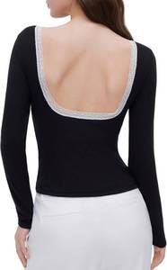 lot 12686 image: OMKAGI Backless Going Out Tops for Women Fitted Long Sleeve Double Layer Lace Shirts, S, Black White