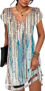 lot 12687 image: kipfall Summer Dresses for Women Petal Short Sleeve V-Neck Beach Dress Floral Print Dressy Casual Sun Dresses, XXL, Brown, Blue