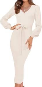 lot 12702 image: HAEOF Womens 2026 Puff Long Sleeve Fall Winter Sweater Dress Trendy Ribbed Knit V Neck Business Work Midi Bodycon Dresses, Large, Rust Red