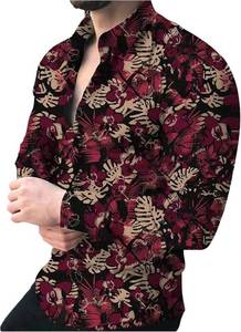 lot 12706 image: VIPWOLF Mens Floral Dress Shirts Flower Graphic Collared Long Sleeve Button Down Shirt, Red, Black, M