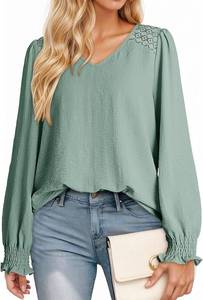 lot 12707 image: Dokotoo Womens Fall Fashion 2025 Business Casual V Neck Long Sleeve Lace Trim Tops with Smocked Cuffs Loose Blouses, Green, M