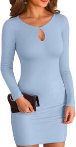 VICHYIE Women Dress Cutout Neck Bodycon Keyhole Ribbed Long Sleeve Fall Mid Thigh Pencil Above Knee Mini Tight Dresses Blue Grey Medium