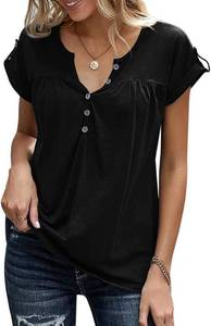 lot 12713 image: Womens V Neck T Shirts Rolled Short Sleeve Henley Tops Button Up Solid Loose fit Summer Casual Tees Shirts, Black, XL