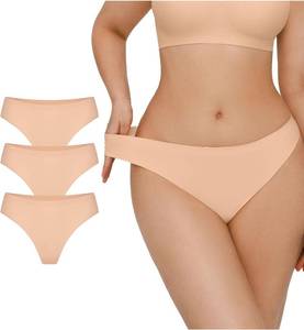 lot 12715 image: Popilush Seamless Thongs For Women No Show Cotton Underwear Thongs Breathable Comfortable Panties Soft Undies 3 Pack, Tan, Skin Tone