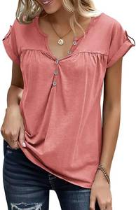 lot 12716 image: Womens V Neck T Shirts Rolled Short Sleeve Henley Tops Button Up Solid Loose fit Summer Casual Tees Shirts, Pink, XL