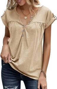 lot 12717 image: Womens V Neck T Shirts Rolled Short Sleeve Henley Tops Button Up Solid Loose fit Summer Casual Tees Shirts, Khaki Tan, XL
