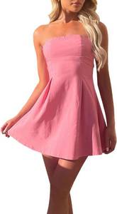 lot 12718 image: ABINGOO Womens Sexy Strapless Tube Mini Dress Bow Tie Backless A-Line Going Out Formal Party Birthday Graduation Dresses, Pink, L