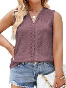 lot 12723 image: VISLILY Womens-Plus-Size-Summer-Tank-Tops Cute Lace V Neck T Shirts Casual Sleeveless Blouses Trendy Eyelet Tunics Tee, 5XL, Wine Red