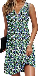 lot 12733 image: GUNEST Womens Summer Dresses Striped V Neck Sleeveless Buttons Casual Flowy Beach Vacation Mini Shift Sundress with Pockets, Blue Green M