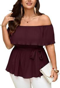 lot 12737 image: SCOMCHIC Plus Size Off The Shoulder Peplum Tops for Women Summer Ruffle Hem Blouse Chiffon Babydoll Top 4XL Burgandy