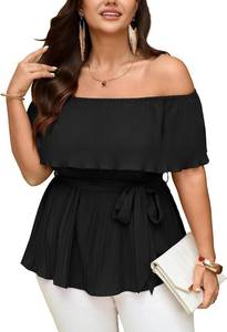 lot 12738 image: SCOMCHIC Plus Size Off The Shoulder Peplum Tops for Women Summer Ruffle Hem Blouse Chiffon Babydoll Top 4XL Black