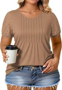 lot 12768 image: VISLILY Womens-Plus-Size-Summer-Tops Dressy Lace T Shirts Trendy Short Sleeve Blouses Flowy Pleated Crewneck Tunics 2XL Brown