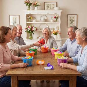 lot 12806 image: 35 Pcs Egg Tossing & Dice Game Games for Teens & Adults, Fillable Egg Hunt Set with 6 Plastic Baskets, 22 Eggs and Raffia Grass, Spring Party Supplies Indoor Outdoor Camping Activities