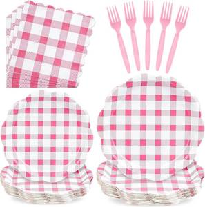 lot 12836 image: 96 Pcs Pink Gingham Party Supplies - Valentines Day Scalloped Paper Plates and Napkins set Pink and White Checkered Party Plate Disposable Plaid Dinner Plates for Baby Shower Wedding Birthday