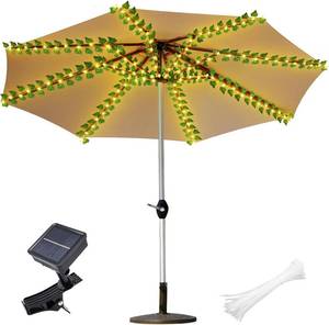 lot 13031 image: Solar Umbrella Lights with Fake Leaves, 8 Strands Patio Umbrella Lights with Fake Vines, Clip-on Solar Panel Outdoor Waterproof for Beach Deck Garden Camping Tents Party Decorations (4.59FT8 Strands)